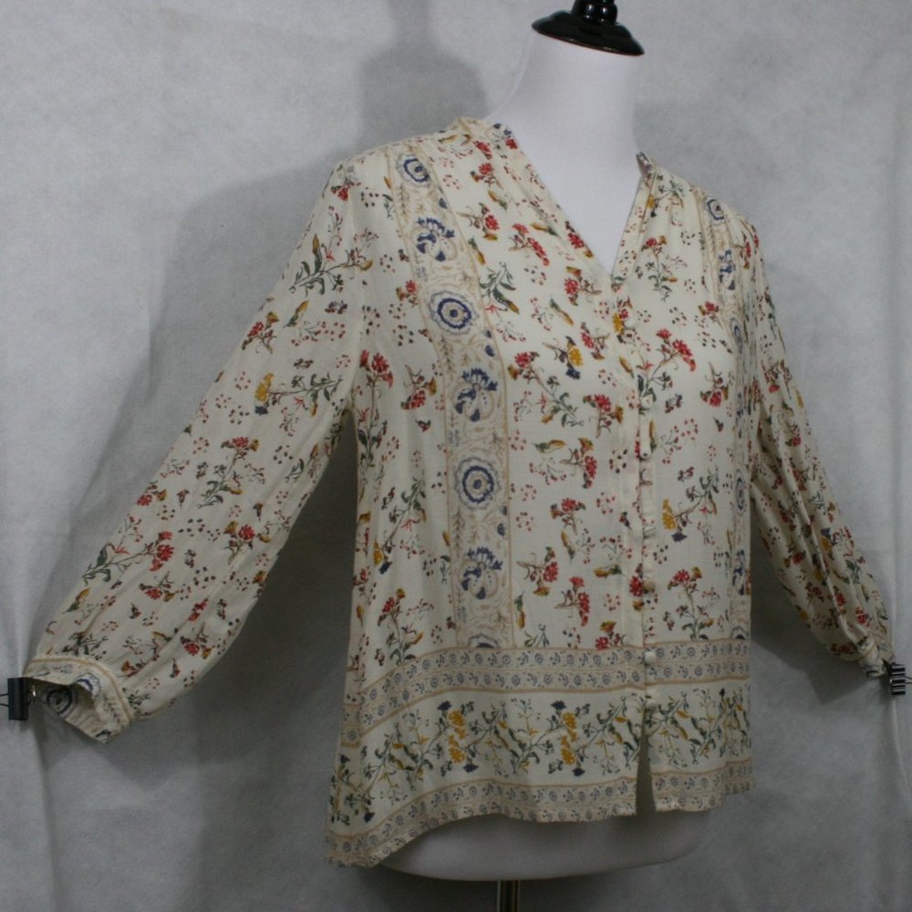 Lucky Brand Beige w/ Multi-Color Floral Viscose Blouse Front Button SZ SP EUC